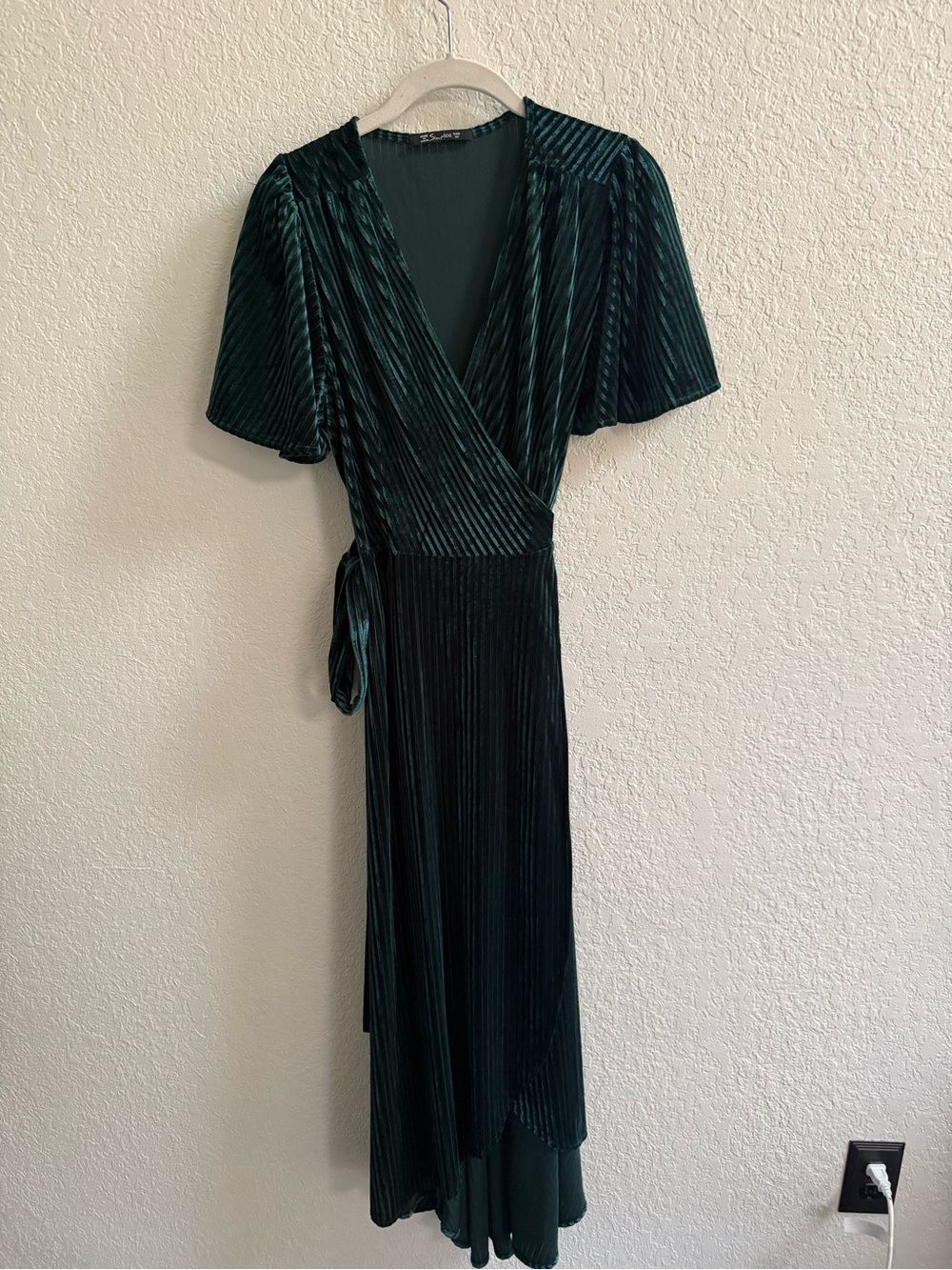 Simplee Apparel Deep Green Velvet Pleated Midi Wrap Dress
